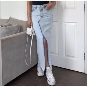 Zara Light Blue Denim Maxi Skirt with Front Slit